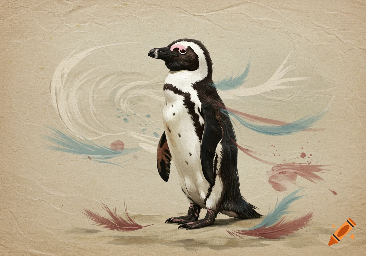 An abstract painting of an African penguin with colorful stylized feathers and swirls on a textured, crumpled paper background.