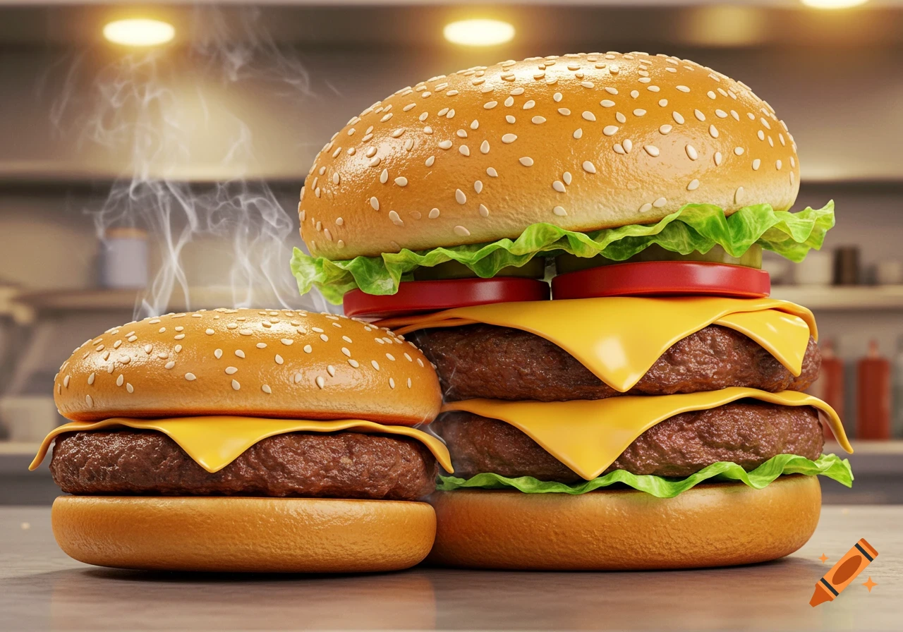 Two photorealistic hamburgers, one large with a double patty and one smaller, steaming, in a kitchen setting.