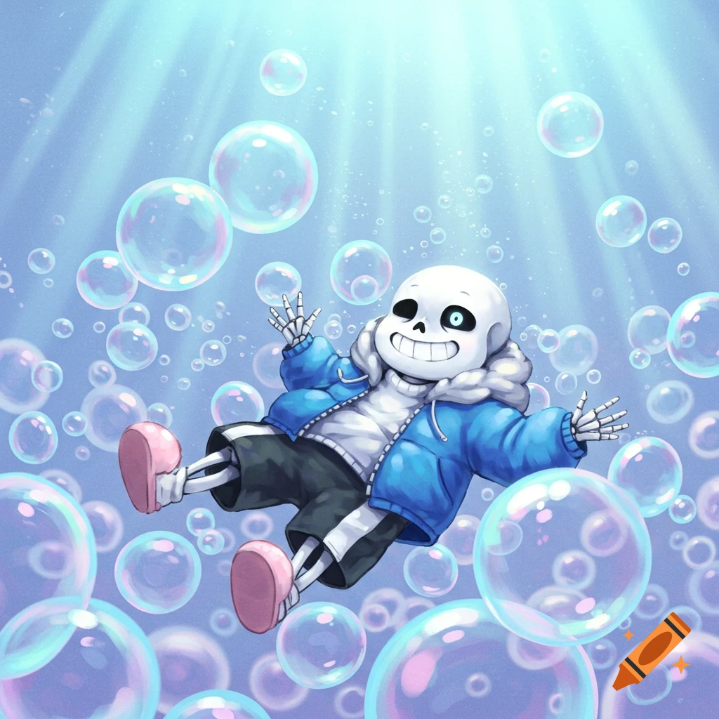 Sans from Undertale, a skeleton wearing a blue hoodie, floats happily in a light blue underwater scene surrounded by numerous iridescent bubbles.