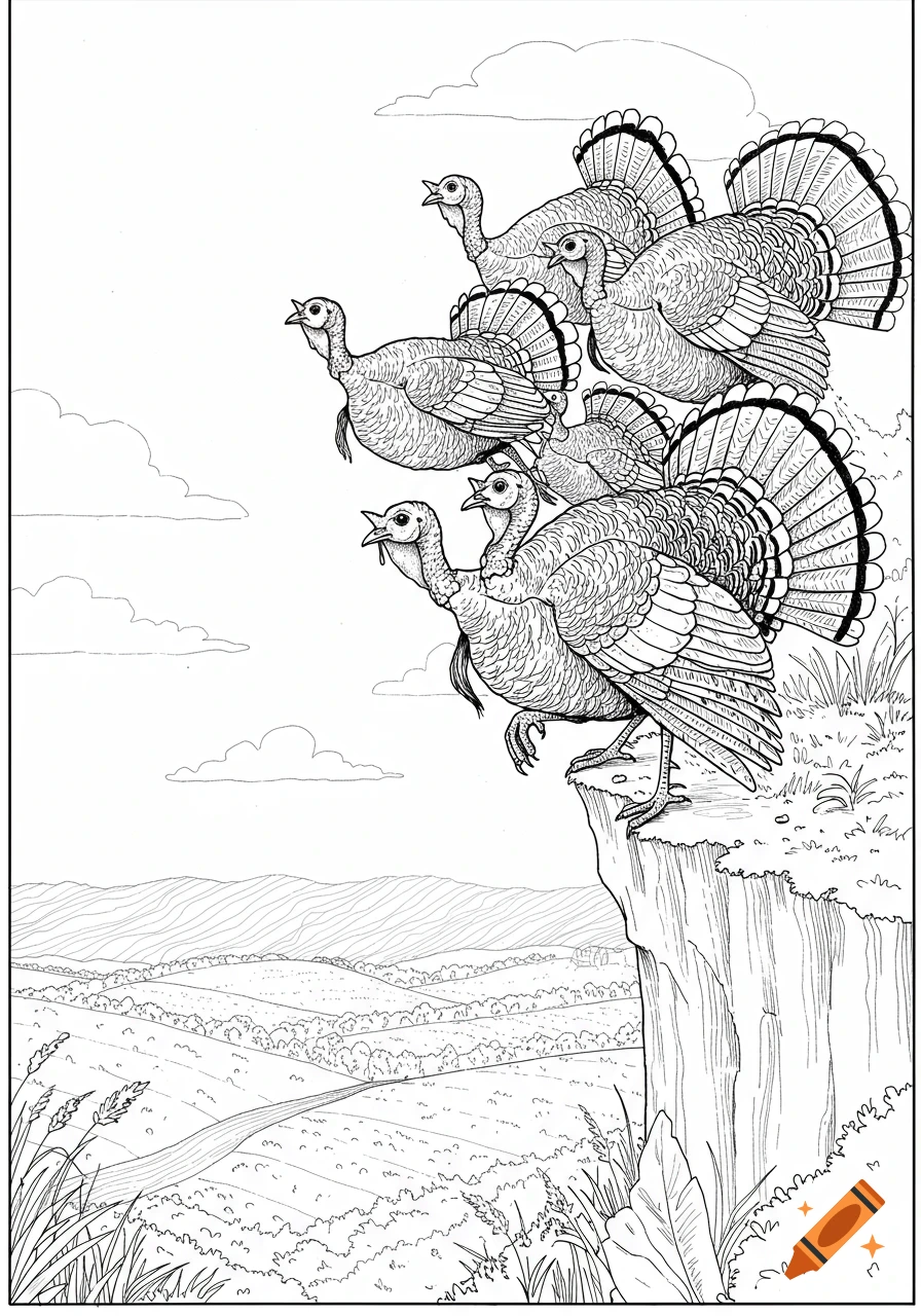 Line drawing of a flock of turkeys clustered on a cliff edge overlooking a vast valley.