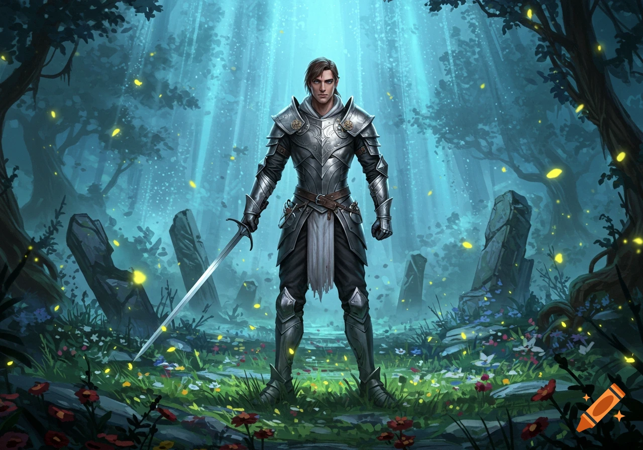 Heroic male knight in ornate silver armor holding a sword in a luminous, enchanted forest. Digital fantasy art.