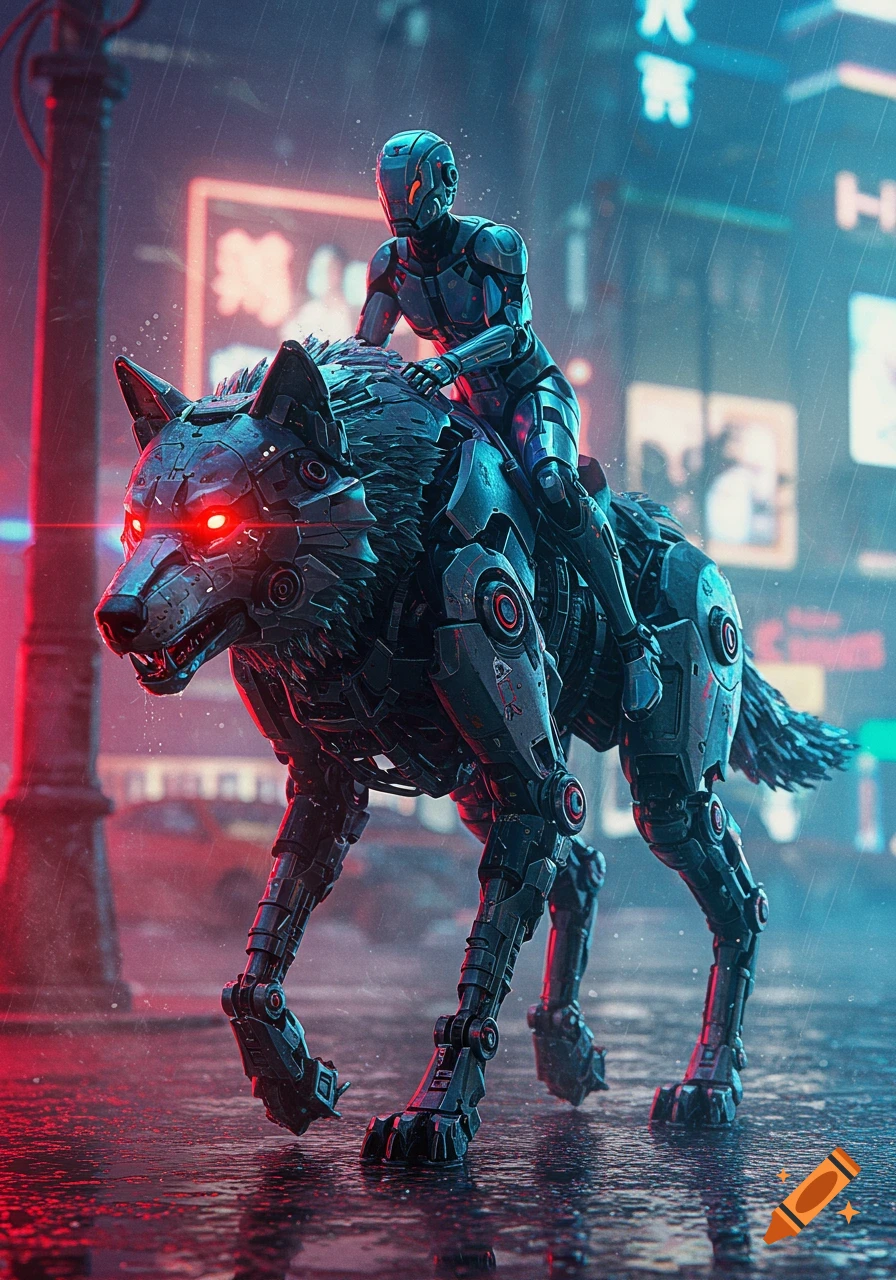 A robot rider on a large, dark robotic wolf with glowing red eyes walks on a wet street in a rainy cyberpunk city with neon signs.