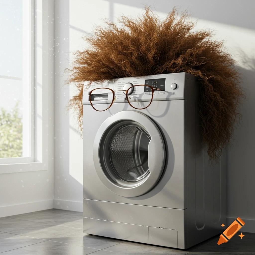 A realistic washing machine with wild brown curly hair and glasses stands indoors near a sunlit window.