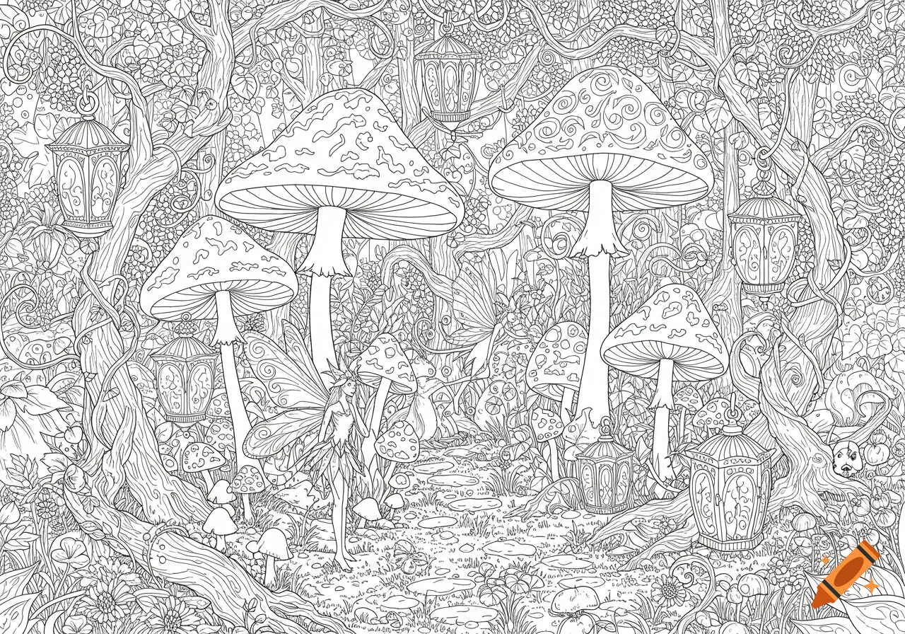 Detailed black and white line art coloring page of a magical forest with a fairy, large mushrooms, and hanging lanterns.