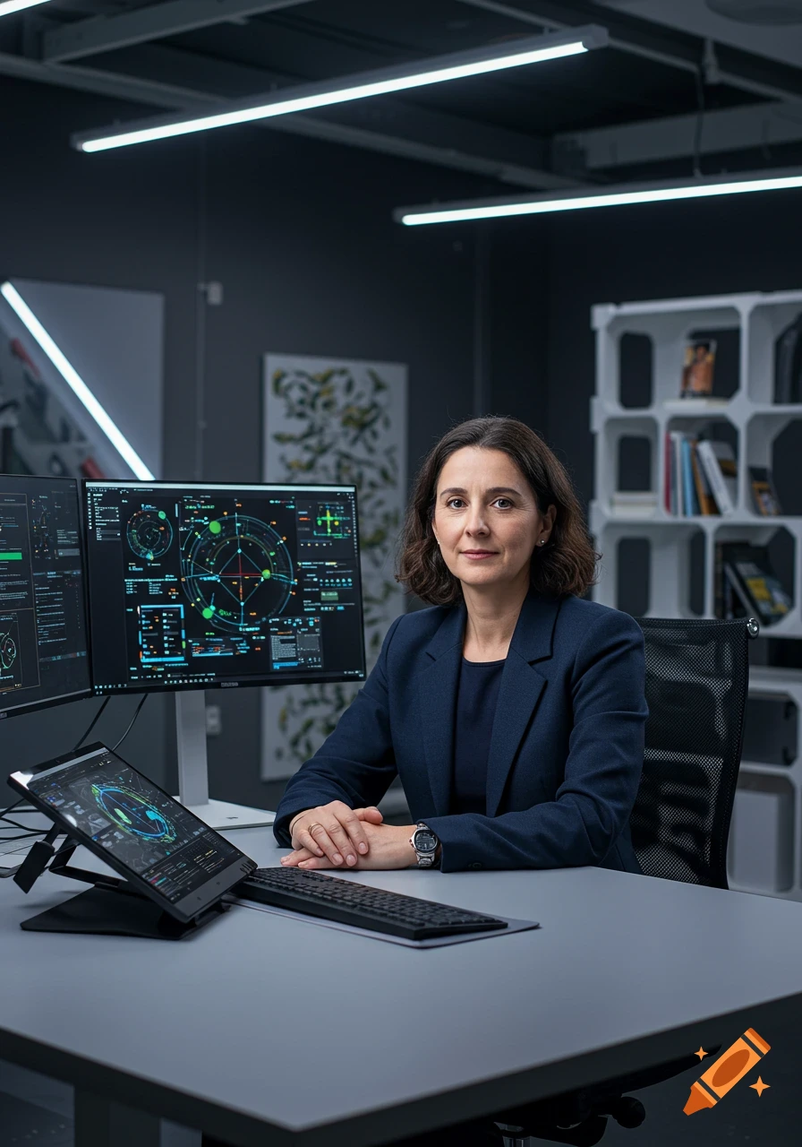 A professional woman in a dark blue suit sits at a desk with multiple monitors displaying complex data graphics, looking at the viewer.