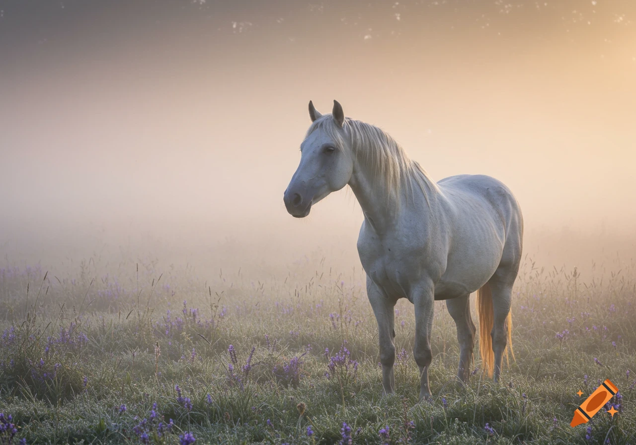 A white horse stands in a misty field dotted with purple flowers under a soft, golden light.