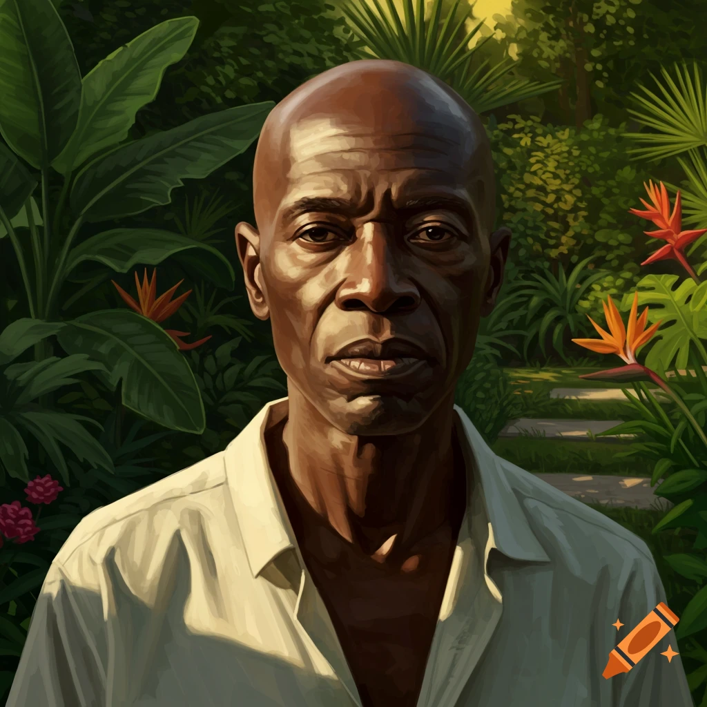 A painted portrait of a bald, older Black man in a white shirt, surrounded by lush tropical foliage and orange bird-of-paradise flowers.