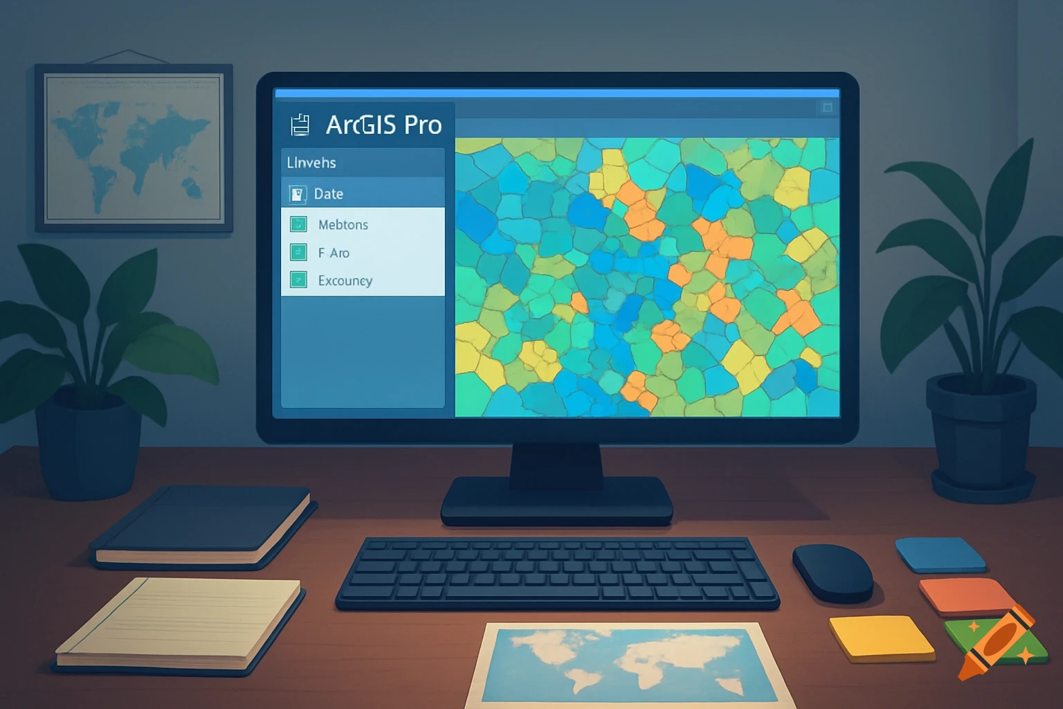 A desk with a computer displaying a colorful map in 'ArcGIS Pro', a keyboard, mouse, notebooks, and plants.