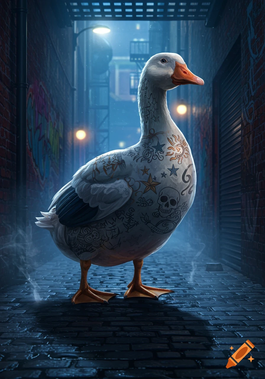 A large white goose covered in tattoos stands in a dark, graffiti-covered urban alleyway at night.