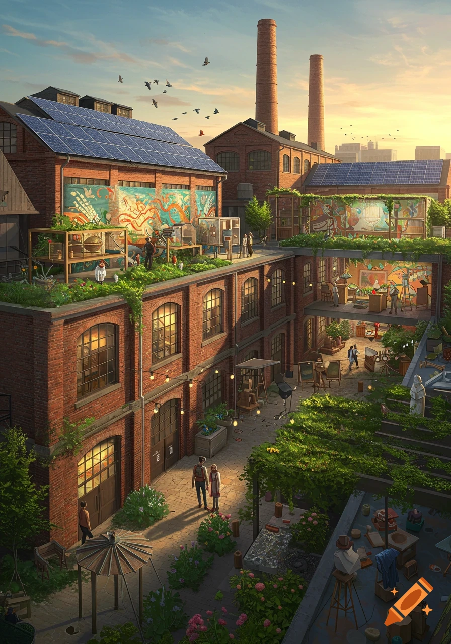 Aerial view of a vibrant urban cultural center, formerly a brick factory, with solar panels, rooftop gardens, and colorful murals.