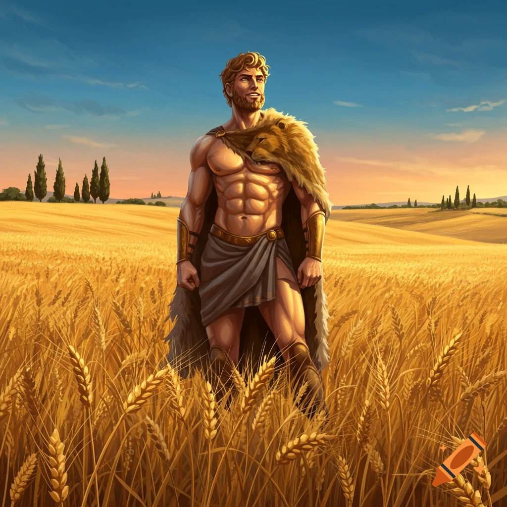 Muscular, bearded Heracles in a loincloth and lion skin cape stands in a golden wheat field under a blue sky, digital painting.