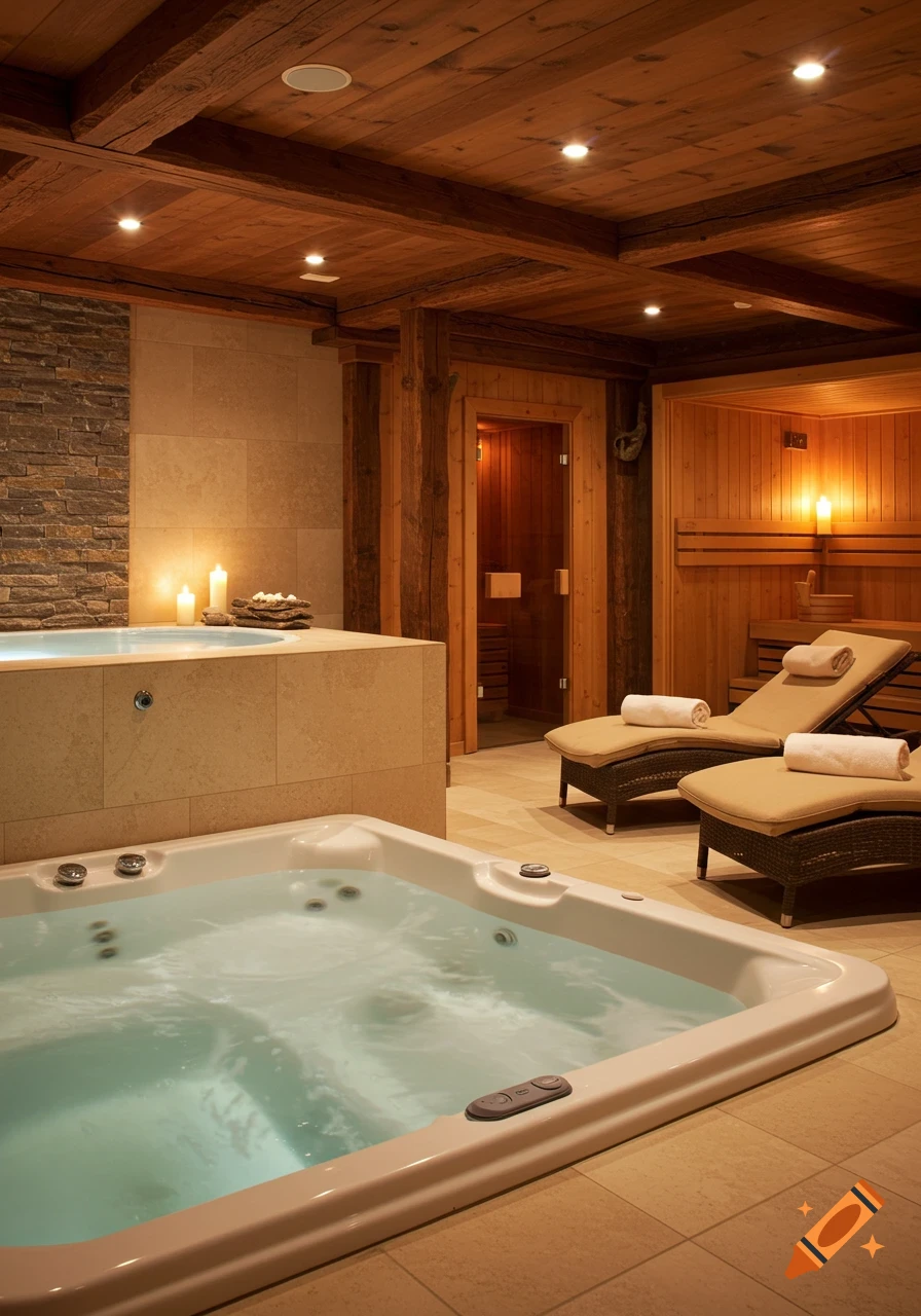 A cozy, photorealistic spa room with a bubbling whirlpool, a sauna with warm lighting, and two lounge chairs, all featuring wood, stone, and beige tile accents.