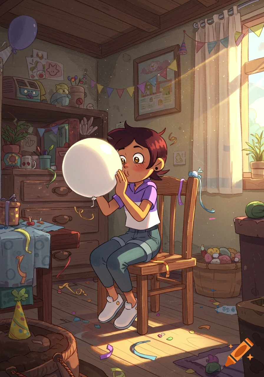 Cartoon of Luz Noceda blowing up a white balloon in a sunlit, festive room with confetti.