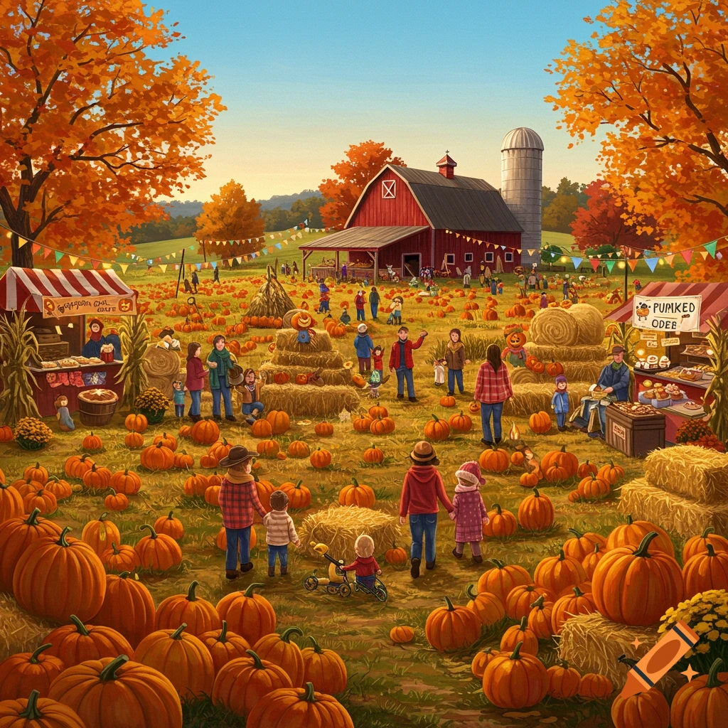 An overhead view of a lively autumn pumpkin festival with many people among pumpkins and hay bales, a red barn, and food stalls under colorful trees.