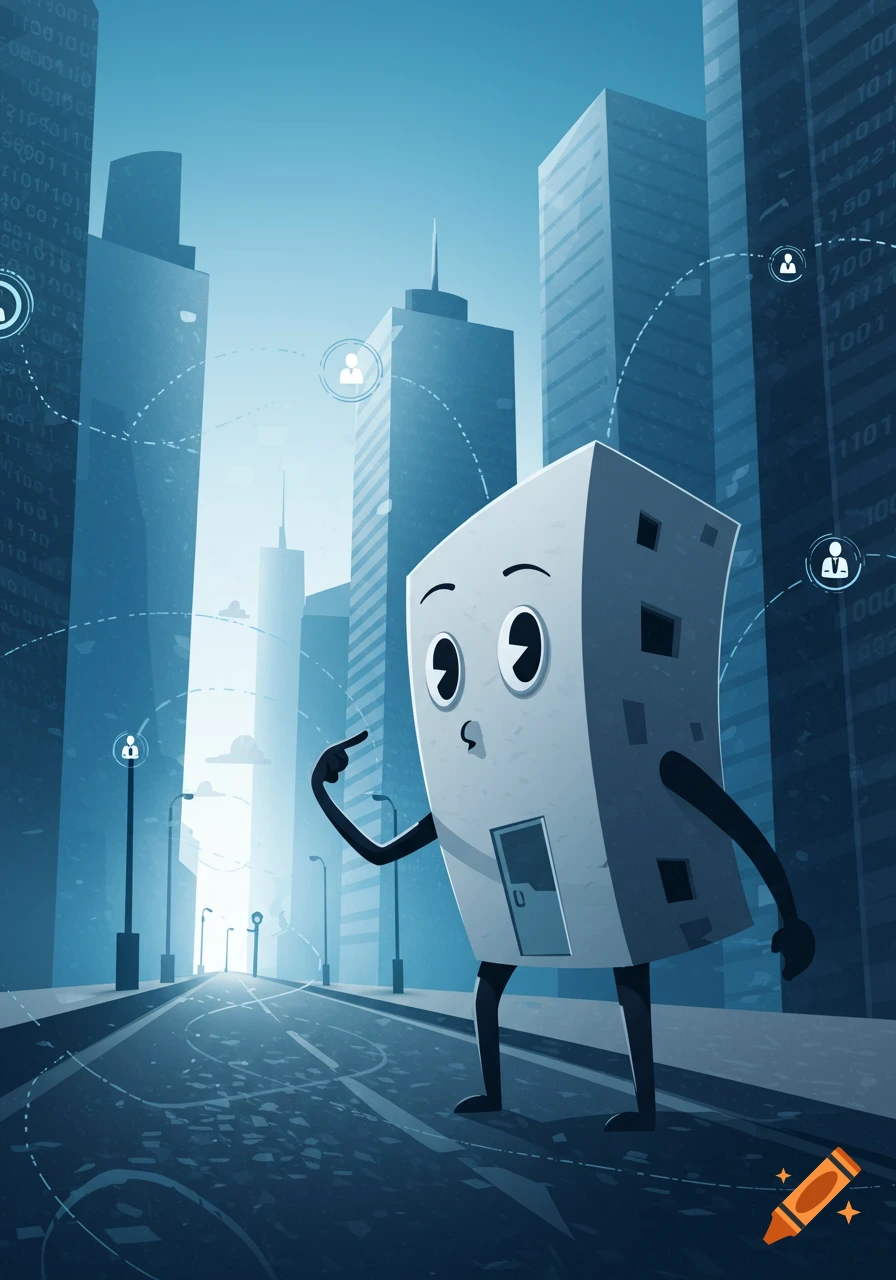 Cartoon building character pointing on a city street with tall buildings featuring binary code patterns.