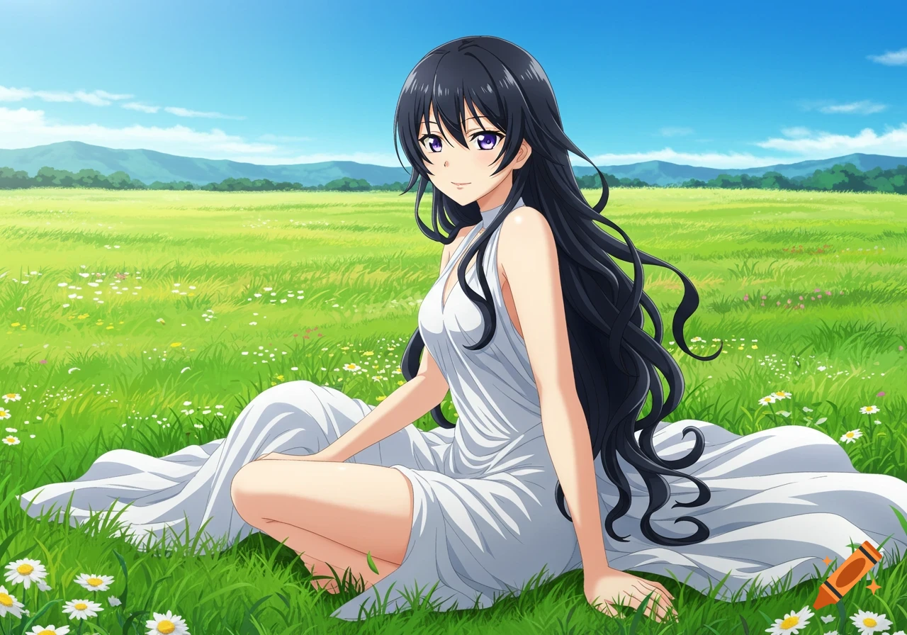 Anime girl with long black wavy hair and purple eyes, wearing a white dress, sitting in a sunny green field with flowers and distant mountains.