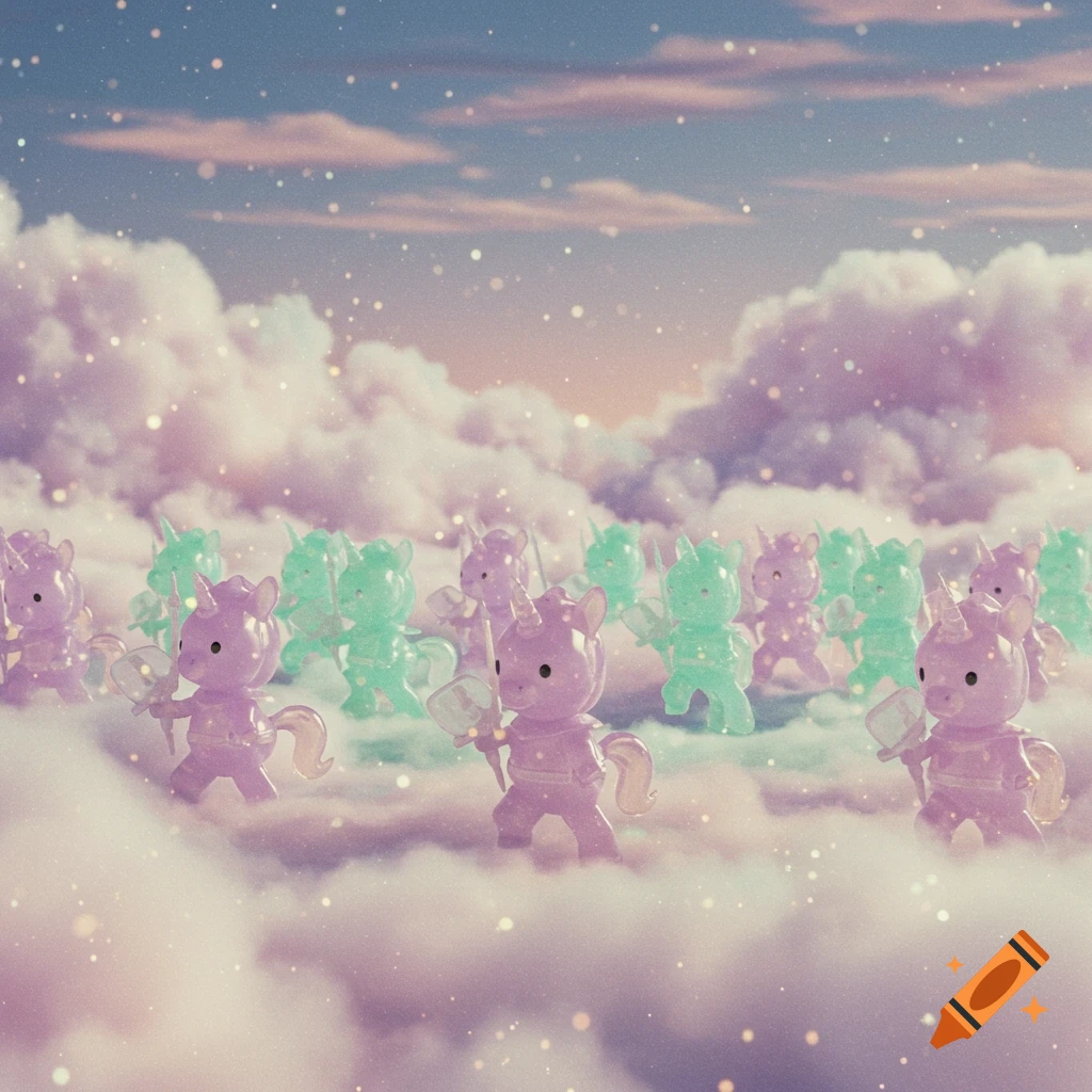 Stylized lavender and mint green plastic unicorn army men stand in pastel clouds with sparkling lights under a dreamy sky.