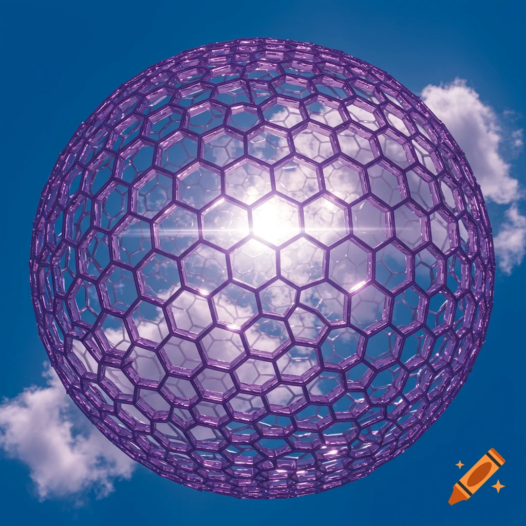 A large, translucent purple sphere made of hexagonal cells floats in a bright blue sky with white clouds.