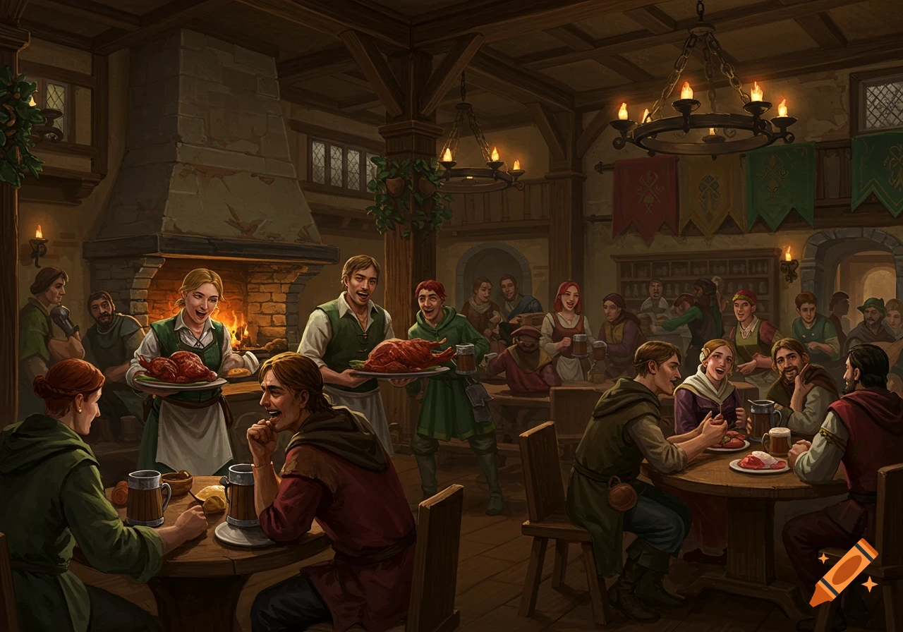 A bustling medieval tavern filled with patrons eating, drinking, and socializing, with servers bringing food.