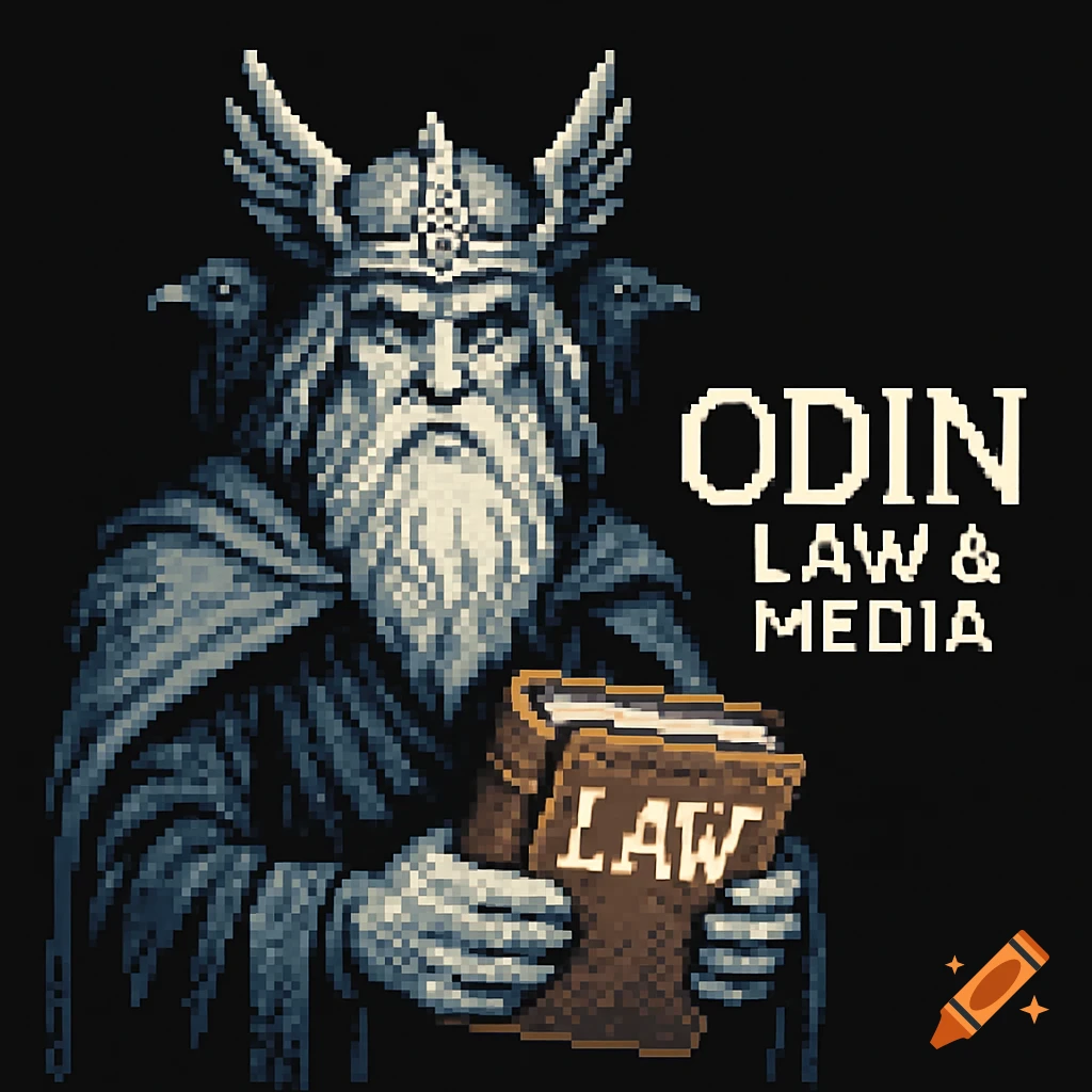 A 16-bit pixel-art depiction of Odin with a long white beard, holding a book labeled "LAW", next to text "ODIN LAW & MEDIA".