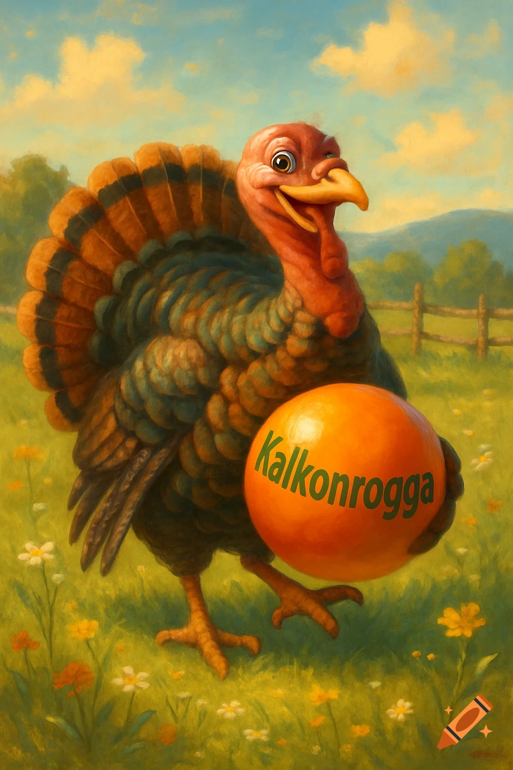 A happy, cartoon-style turkey stands in a sunny field, holding an orange ball with "Kalkonrogga" written on it. Green hills and a wooden fence are in the background.