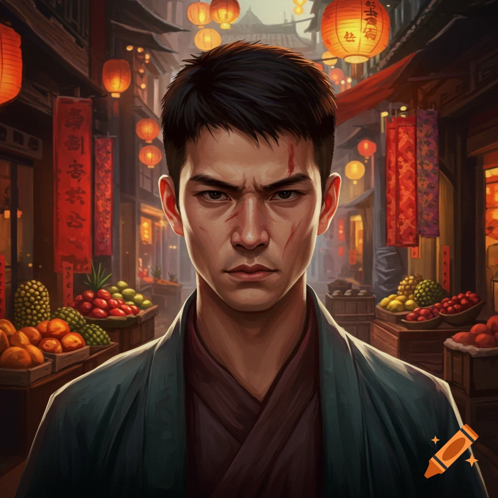 Digital painting of a hard-faced young man with scars, in a bustling Asian market street with lanterns and fruit vendors.