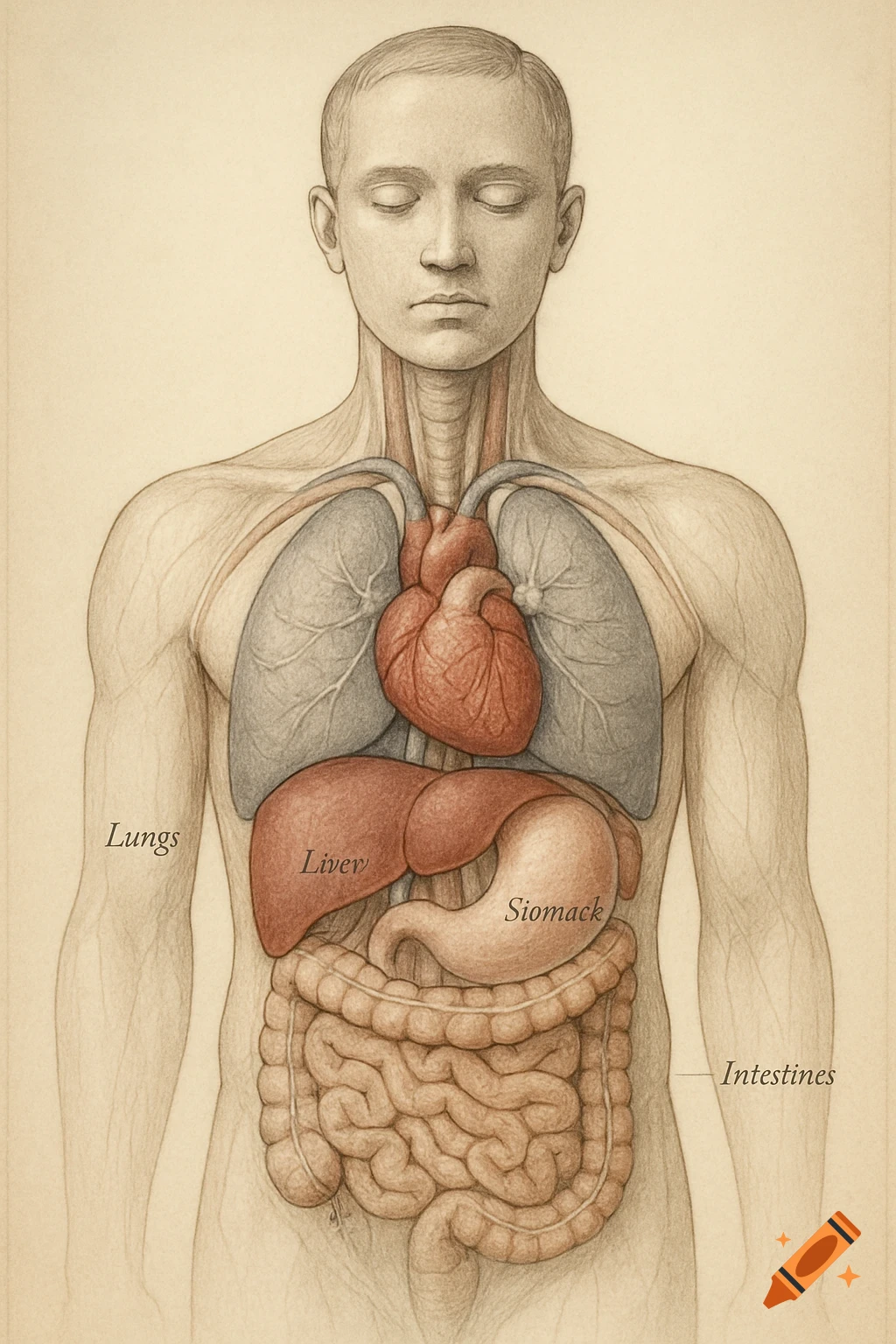 Detailed anatomical illustration of a human torso with internal organs including the heart, lungs, liver, stomach, and intestines.