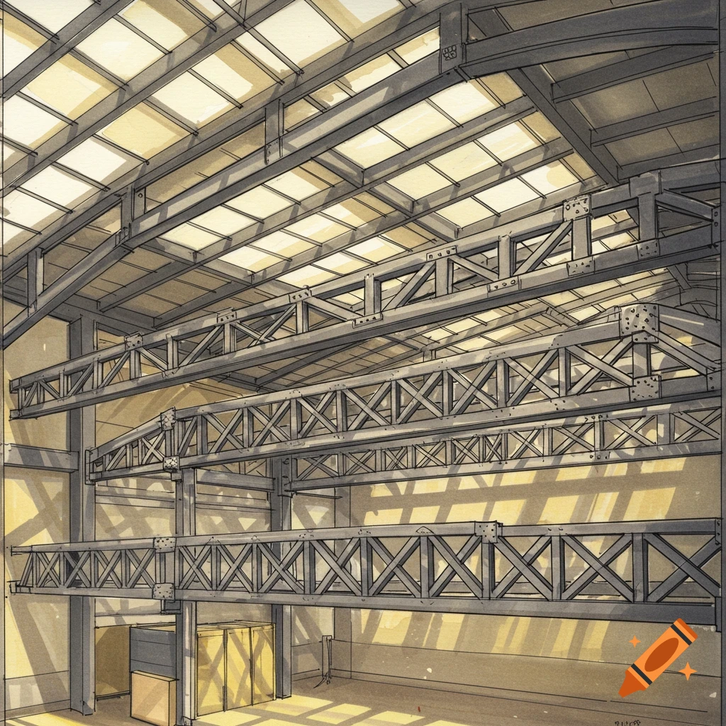 A detailed sketch of an industrial interior with steel trusses, beams, and a clerestory roof with skylights.