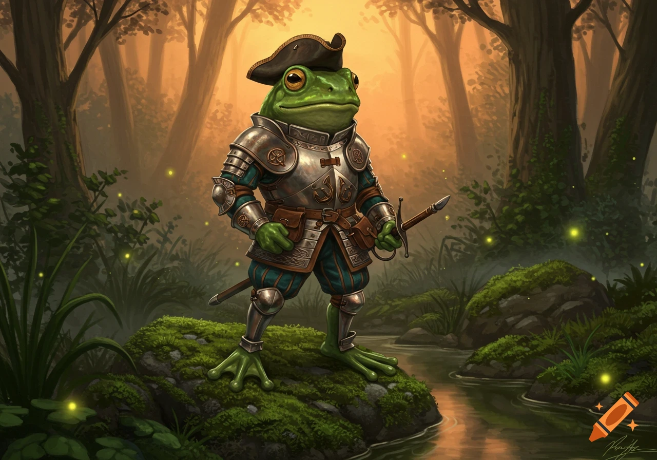 A fantasy frog knight wearing a tricorn hat and plate armor, holding a sword, stands on a mossy rock in a glowing forest.