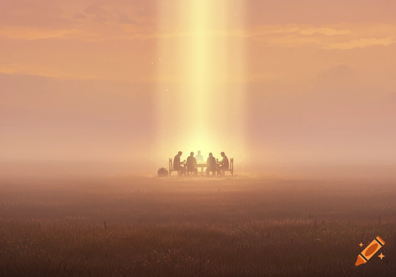 A group of silhouetted figures sits around a table in a foggy, golden landscape, illuminated by a bright, ethereal beam of light from above.