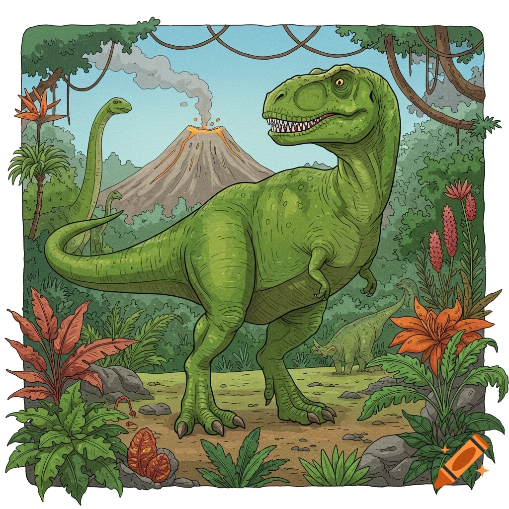 Cartoon illustration of a green T-Rex standing in a prehistoric jungle with a smoking volcano and other dinosaurs.