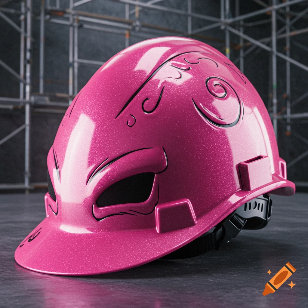 A shiny pink industrial safety helmet with stylized black details inspired by Majin Buu, against blurred construction scaffolding.