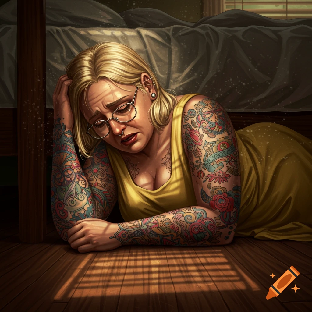 A blonde woman with glasses and full sleeve tattoos lies on the floor under a bed, sobbing, in a detailed illustration.