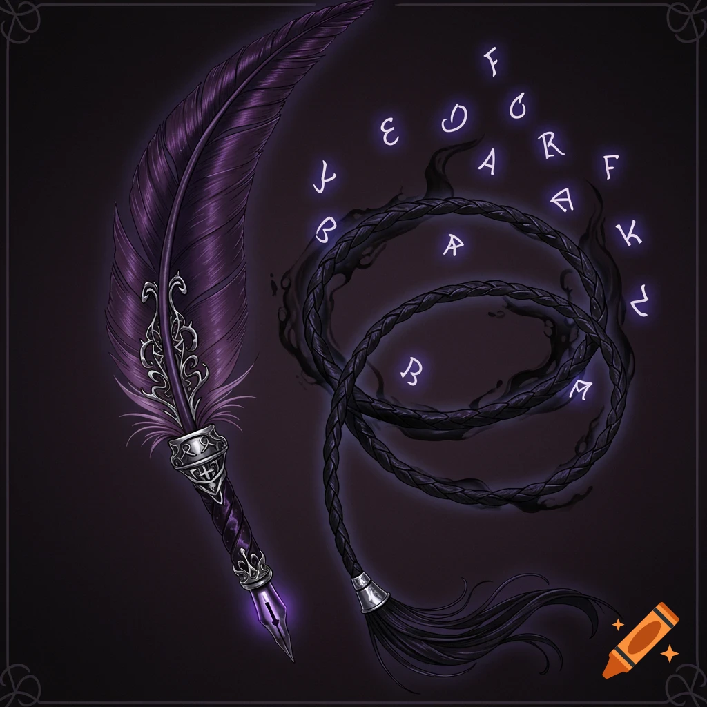 A mystical purple feathered quill transforming into a dark braided whip, surrounded by glowing, arcane letters on a dark background. Detailed and elegant.