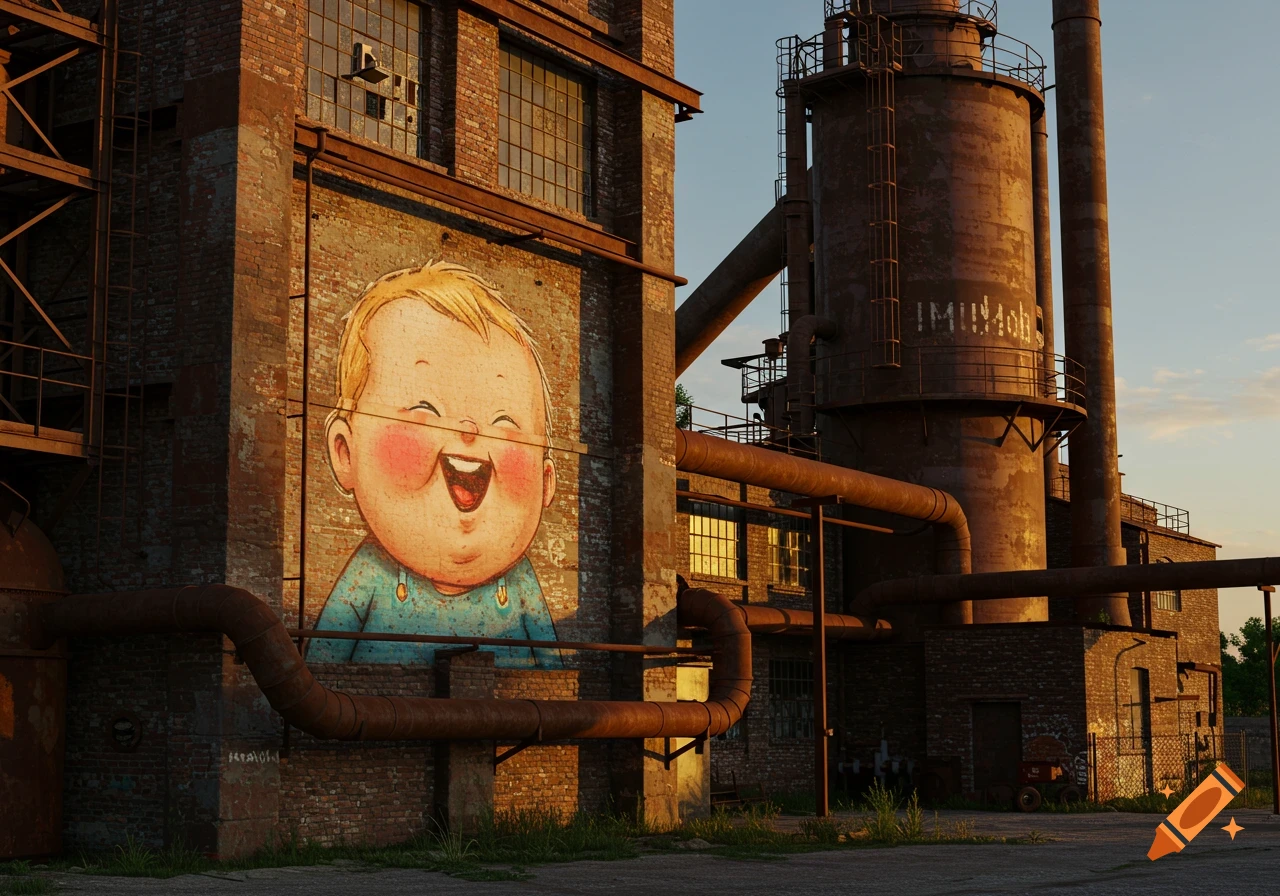 A street art mural of a laughing baby on the brick wall of an old, rusty industrial factory building under a clear sky.