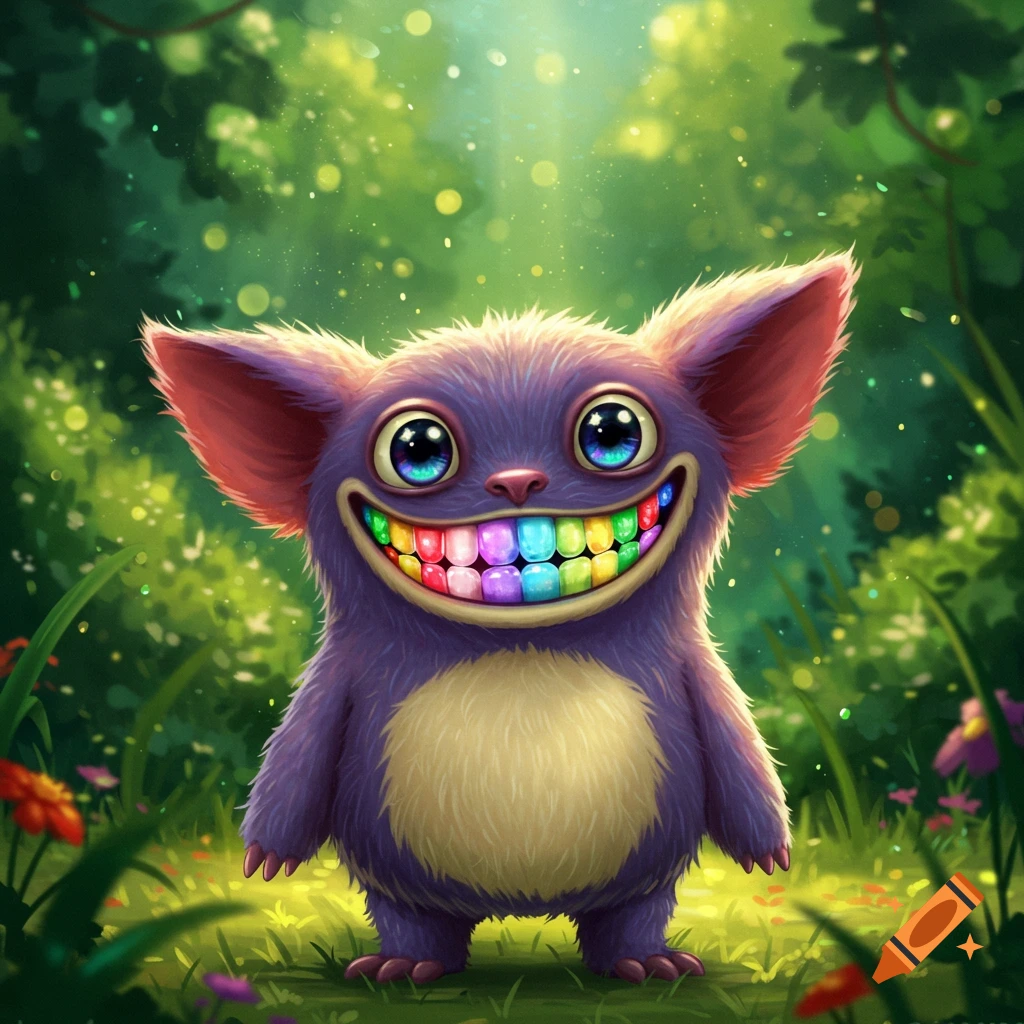 A whimsical purple furry creature with large blue eyes and a wide smile showing rainbow teeth stands in a lush forest.