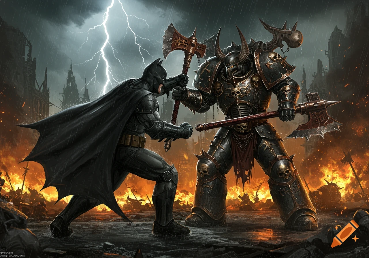 Batman battles a Warhammer Chaos Marine with axes in a dark, stormy, ruined city engulfed in flames. Digital art.