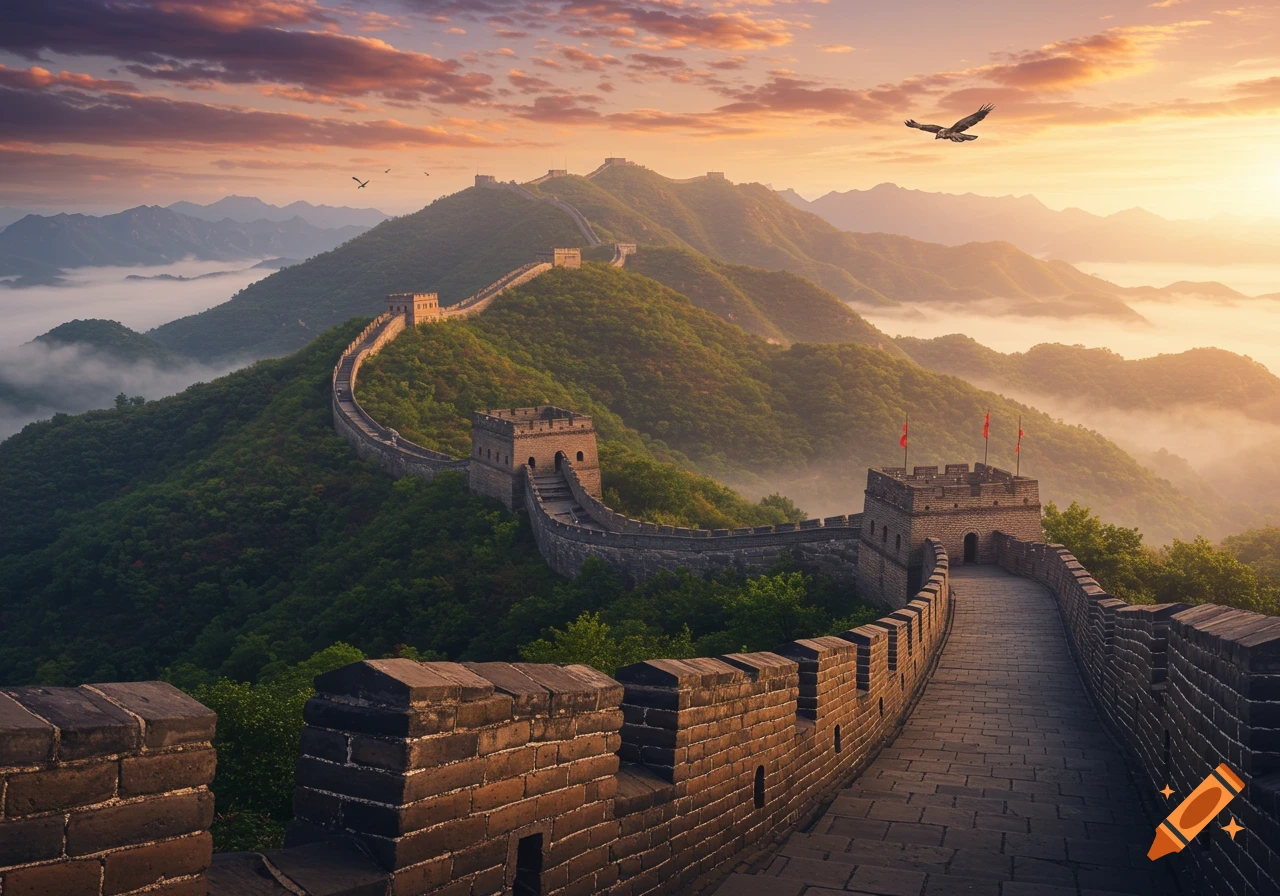 The Great Wall of China winds over lush green mountains with misty valleys under an orange sunrise sky, a bird flying above.