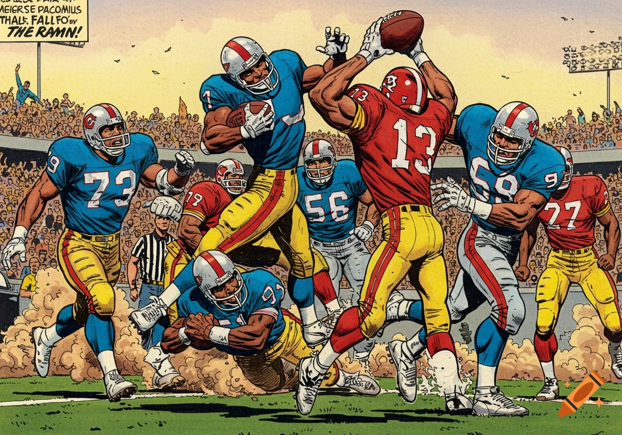 A dynamic comic book illustration of an American football game in action, with players in red and blue uniforms on a green field in a stadium.