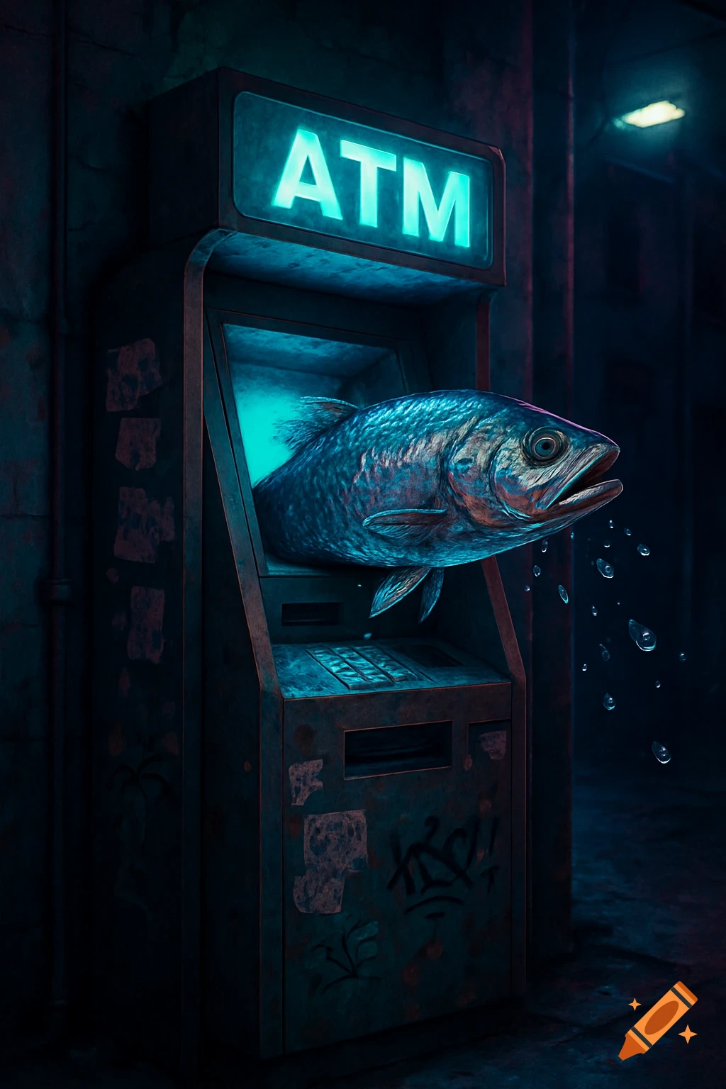 A large, silvery fish emerges from a glowing, neon-blue ATM in a dark, graffiti-covered urban alley.