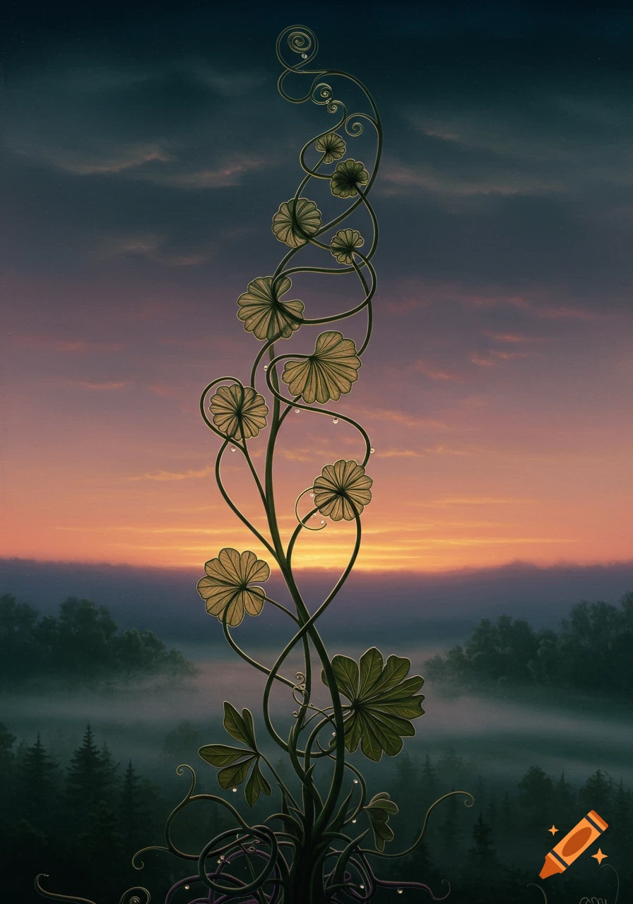 Intricate vine with decorative leaves and water droplets against a dramatic sunset sky over a misty forest, artistic.