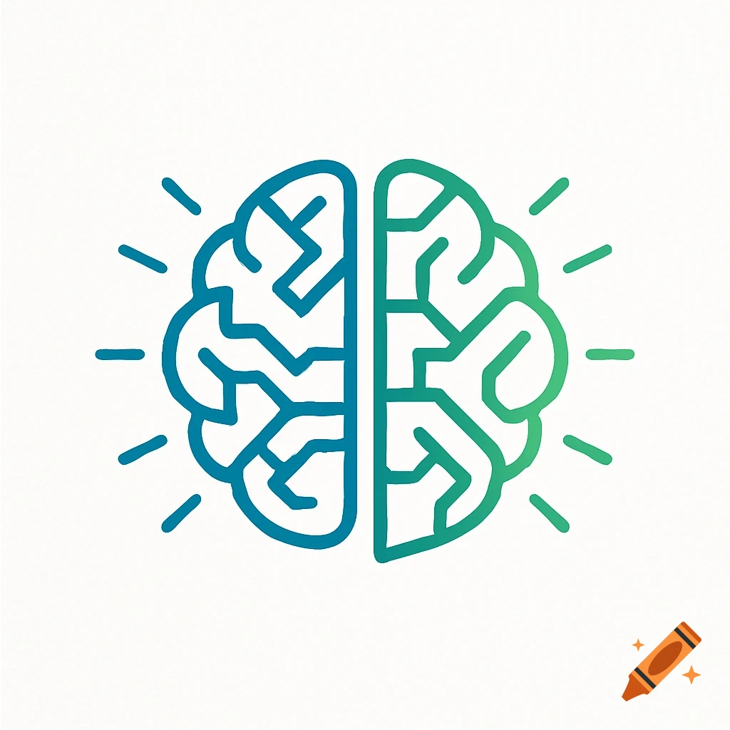 A minimalist icon of a brain, split down the middle with blue-green and green halves, radiating lines.
