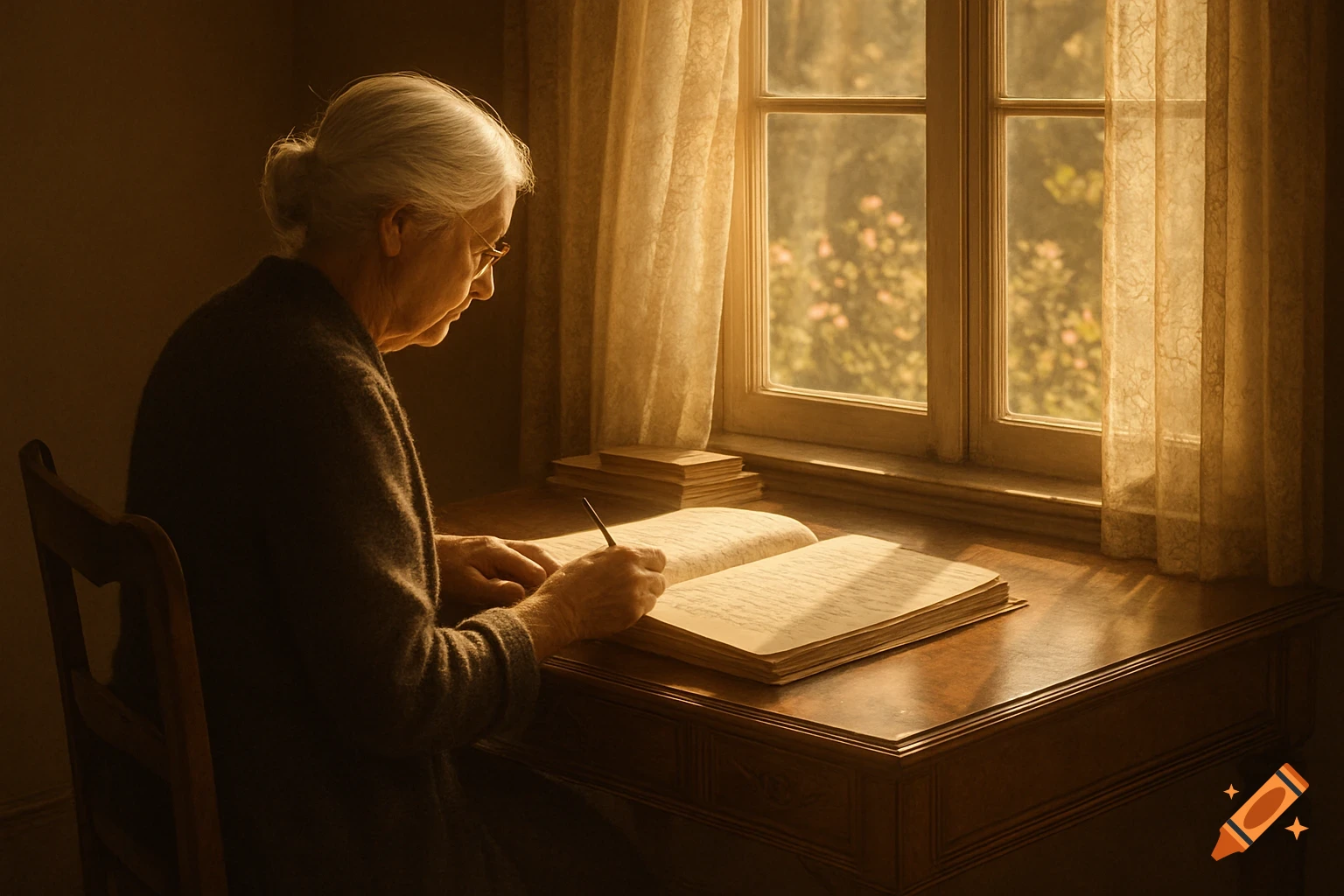 An elderly woman with white hair sits at a wooden desk by a window, writing in a large open book with a pen. Soft light enters from the window.