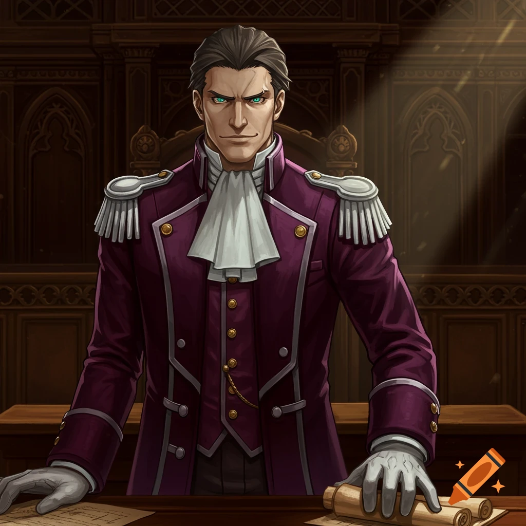 A stern man in a purple historical uniform with epaulets stands behind a desk in a courtroom, anime art style.