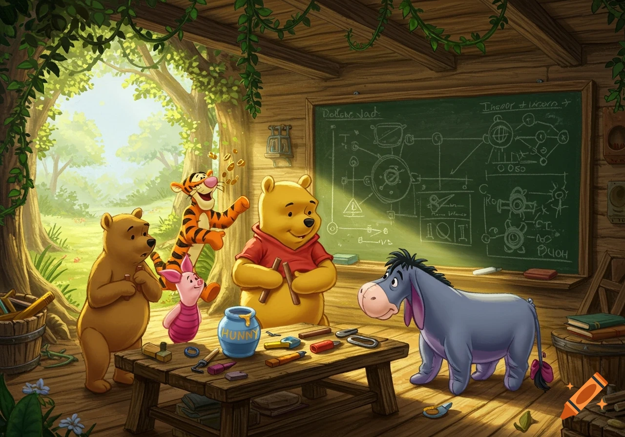 Winnie the Pooh and friends in a cozy, wooden classroom, learning about tools. Winnie holds sticks, Tigger throws coins, Piglet watches, Eeyore observes, and another bear stands nearby. A chalkboard with diagrams and the 'HUNNY' pot are visible.