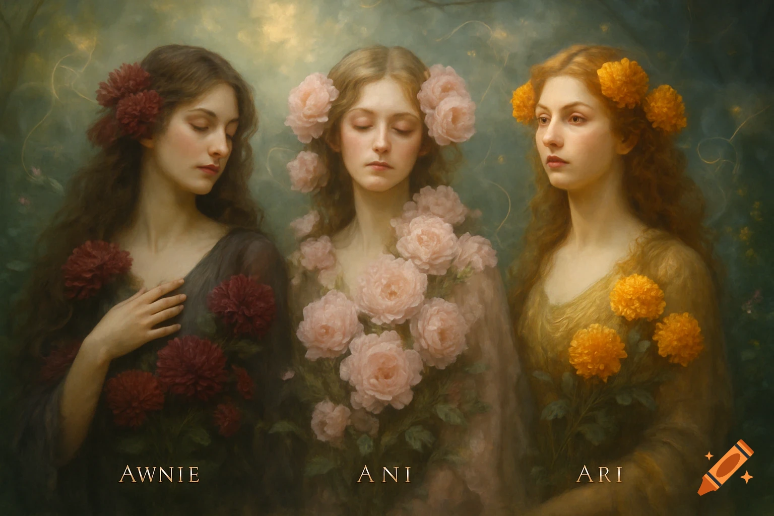 Classical painting of three women, each adorned with burgundy, pink, and orange flowers, with their names below.