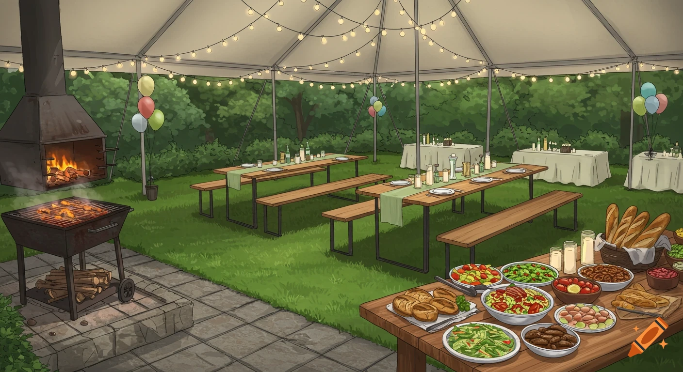 Illustrative view of a garden party setup under a tent with string lights, picnic tables, a barbecue grill, and a buffet table with food.