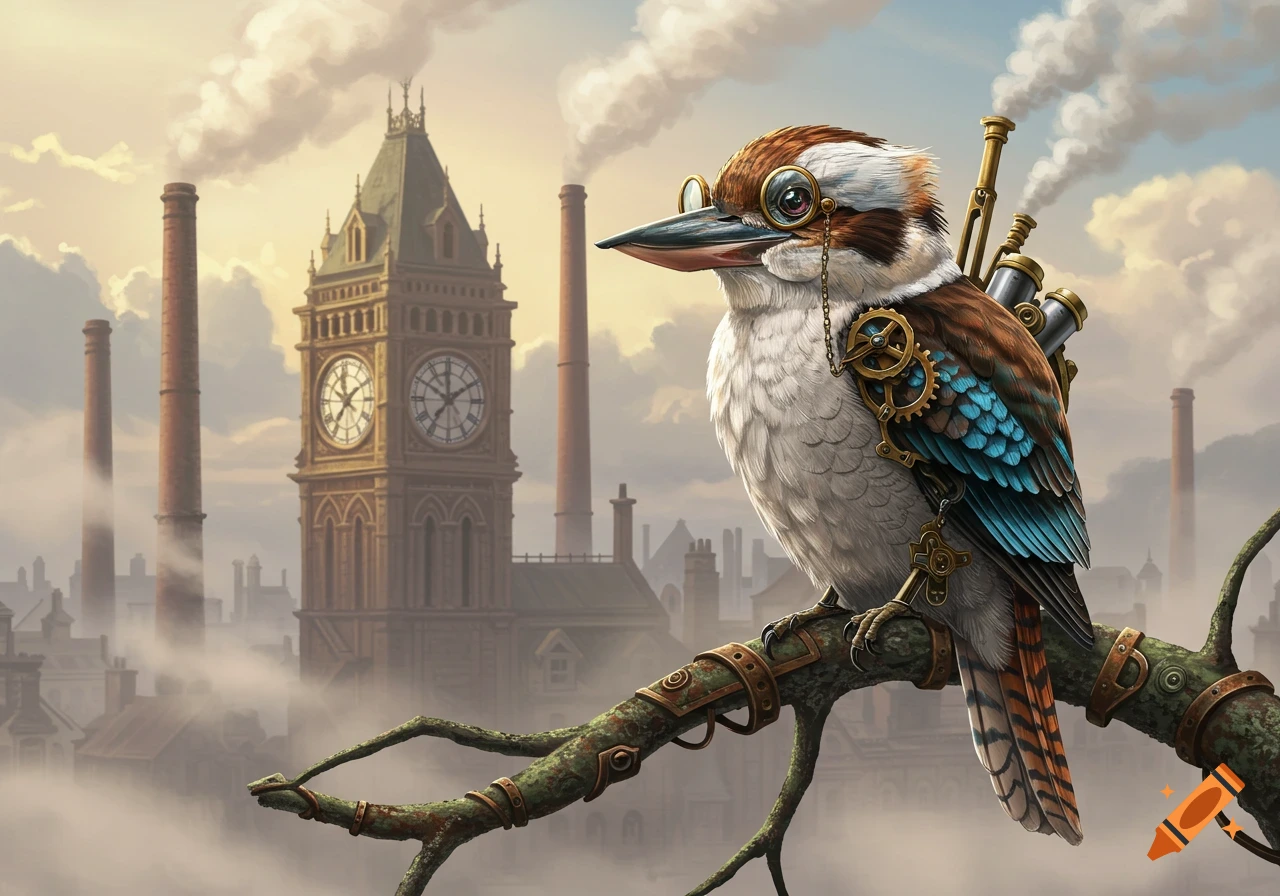 A steampunk kookaburra with a monocle and gears perches on a branch, overlooking a foggy city with a Big Ben-like tower.