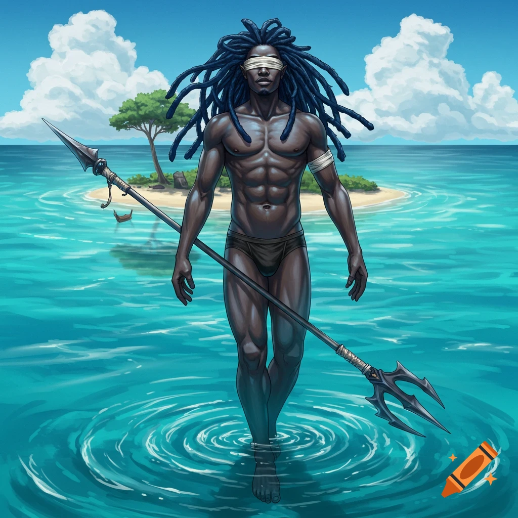 A blindfolded, muscled, dark-skinned man with blue dreadlocks, wearing swim briefs, stands in turquoise ocean water holding a trident, a tropical island behind him.