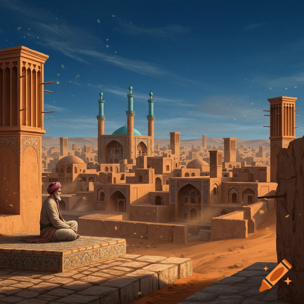An old man sits on a tiled platform overlooking an ancient Middle Eastern city with mudbrick buildings, windcatchers, and a mosque under a blue sky.
